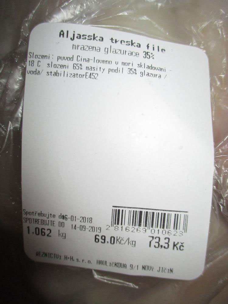 Mražená aljašská treska od dodavatele MISIEK Krzysztof Misiolek obsahovala pouze 24,9 % masa. 
