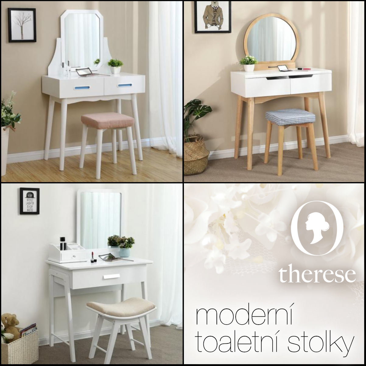 Do moderně zařízeného interiéru ložnice skvěle zapadne moderní toaletní stolek se zrcadlem. Najdete jej v sortimentu e-shopu Therese.cz.